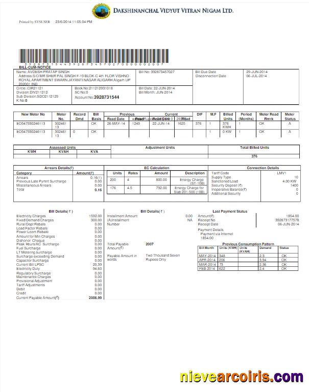 Editable INDIA DVVNL Utility Bill Word And PDF Template