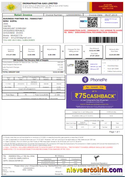 Editable INDIA IGL Utility Bill Word And PDF Template