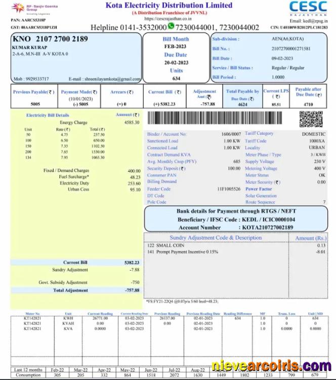 Realistic INDIA KOTA ELECTRICITY Utiity Bill Word And PDF Template