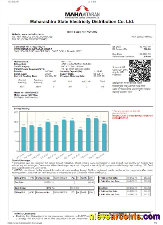 Realistic INDIA MAHARASHTRA ELETRICITY Utility Bill Word And PDF Template