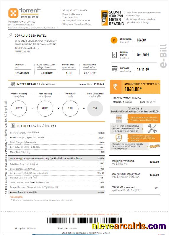 Editable INDIA TORRENT POWER Utility Bill Word And PDF Template