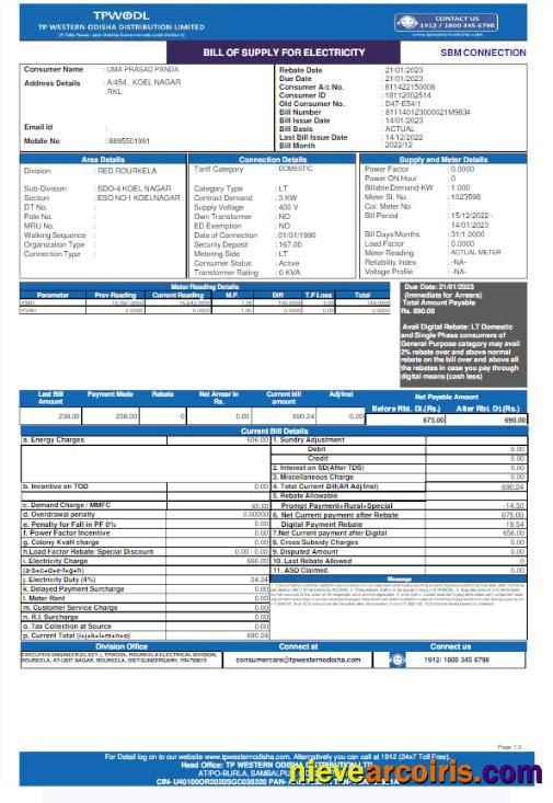 Realistic INDIA TPWODL Utility Bill Word And PDF Template