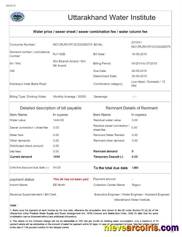 Realistic INDIA UTTARAKHAND WATER Utility Bill Word And PDF Template