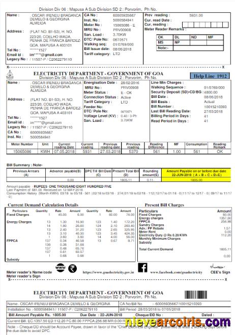 Realistic INIDA ELECTRICITY DEPARTMENT GOVERNMENT OF GOA Utility Bill Word And PDF Template