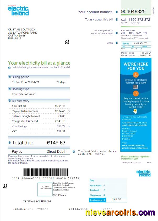 Editable IRELAND ELECTRIC IRELAND Utility Bill Word And PDF Template