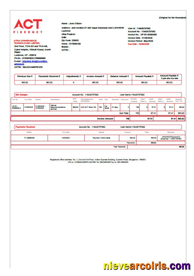 Professional India ACT Fibernet Utility Bill Template In Word And PDF Formats
