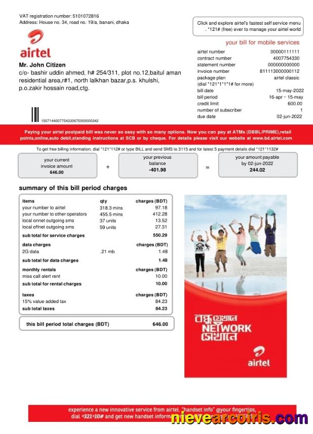 India Airtel Telecommunication Services Utility Bill Template
