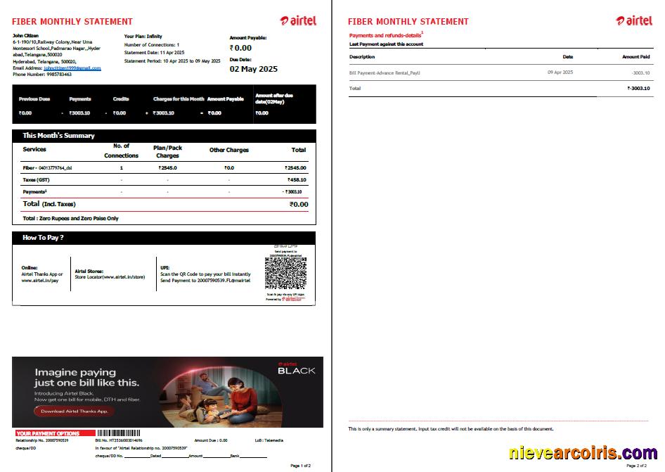 Premium India Airtel Utility Bill Template In Word And PDF Formats, 2 Pages, Version 4