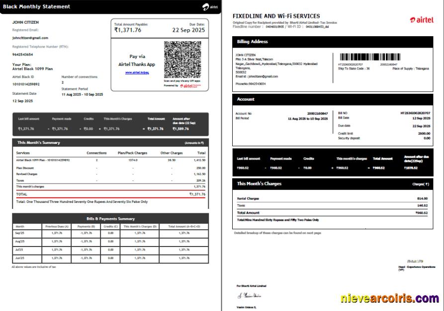 Premium India Airtel Utility Bill Template In Word And PDF Formats, 2 Pages, Version 5