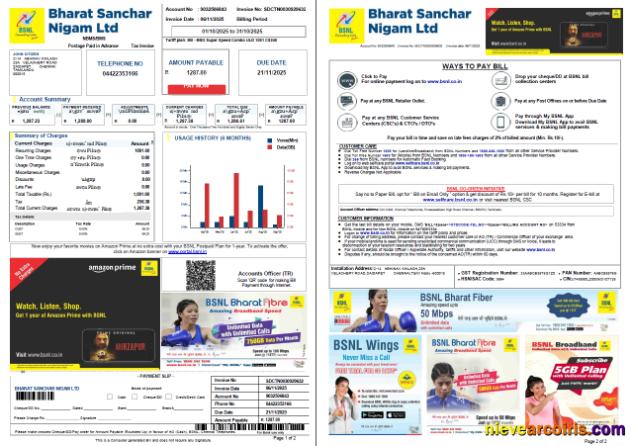 Professional India Bharat Sanchar Nigam Limited Utility Bill Template In Word And PDF Formats, 2 Pages