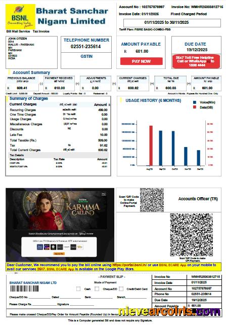 Professional India Bharat Sanchar Nigam Limited Utility Bill Template In Word And PDF Formats, Version 3
