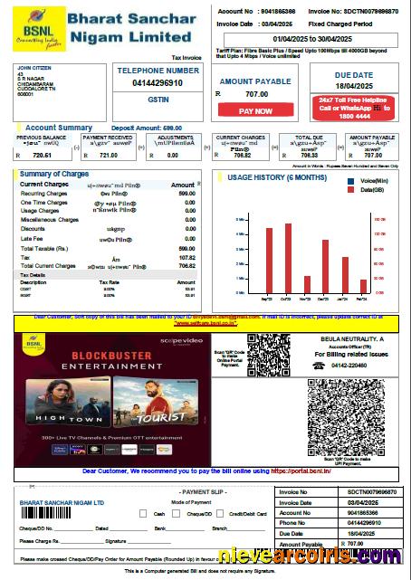 Professional India Bharat Sanchar Nigam Limited Utility Bill Template In Word And PDF Formats, Version 4