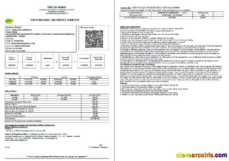 Professional India Gail Gas Limited Utility Bill Template In Word And PDF Formats, 2 Pages