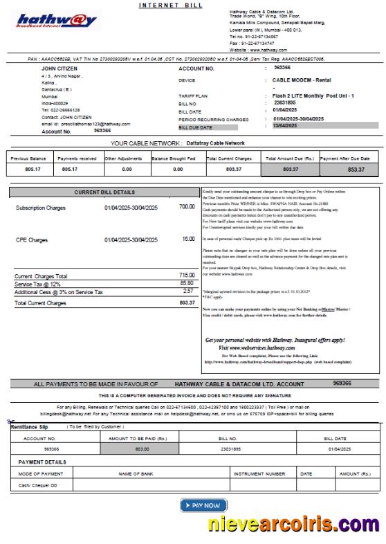 Premium India Hathway Cable & Datacom Utility Bill Template In Word And PDF Formats