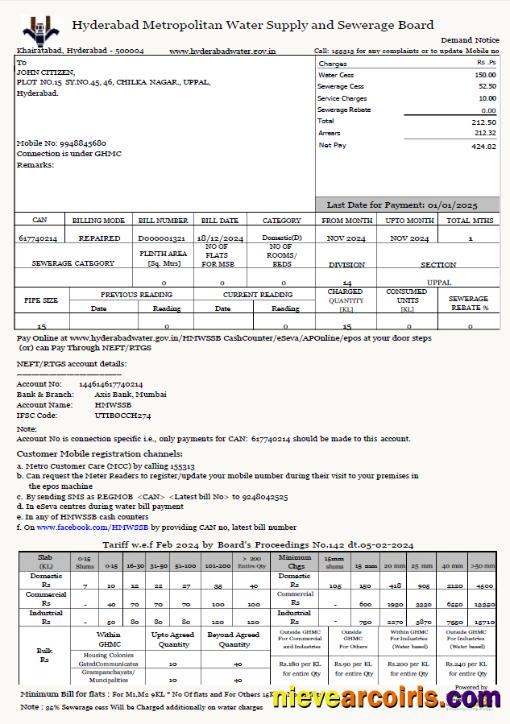Premium India Hyderabad Metropolitan Water Supply And Sewerage Board Utility Bill Template In Word And PDF Formats