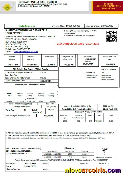 Realistic India Indraprastha Gas Utility Bill Template In Word And PDF Formats, Version 2