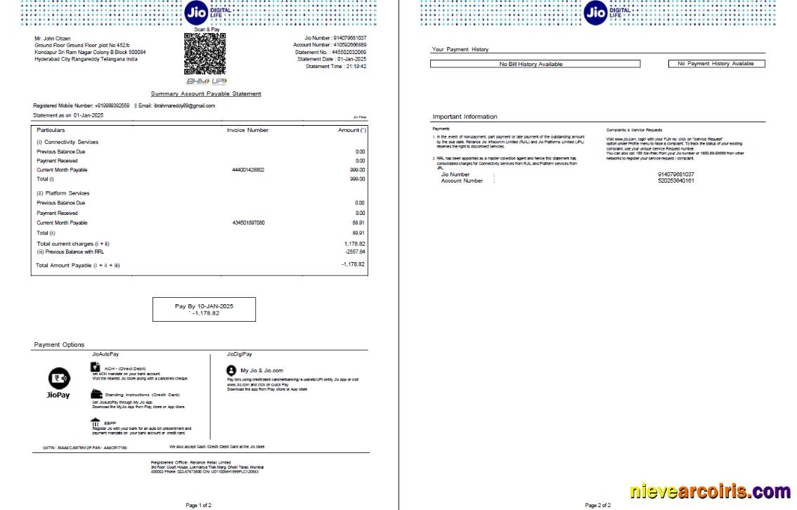 Editable India Jio Digital Life Utility Bill Template In Word And PDF Formats, 2 Pages, Version 3