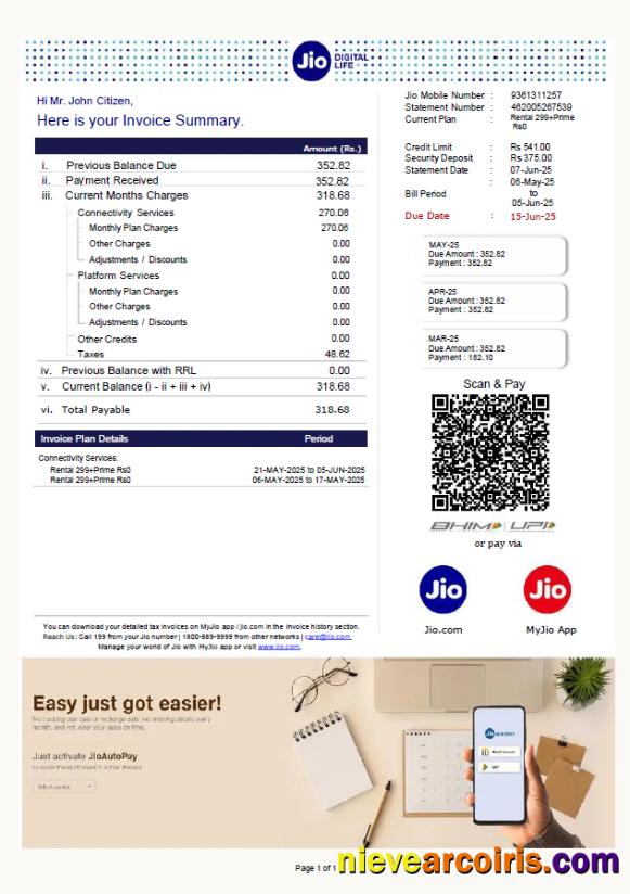 Editable India Jio Digital Life Utility Bill Template In Word And PDF Formats, Version 2