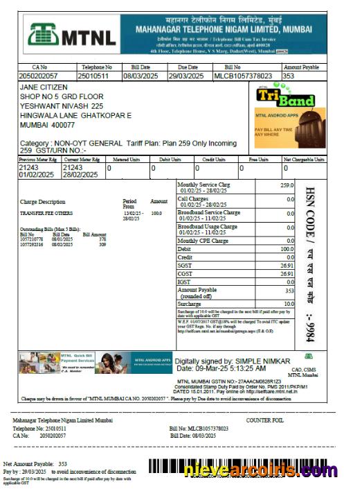 Realistic India Mahanagar Telephone Nigam Limited Utility Bill Template In Word And PDF Formats