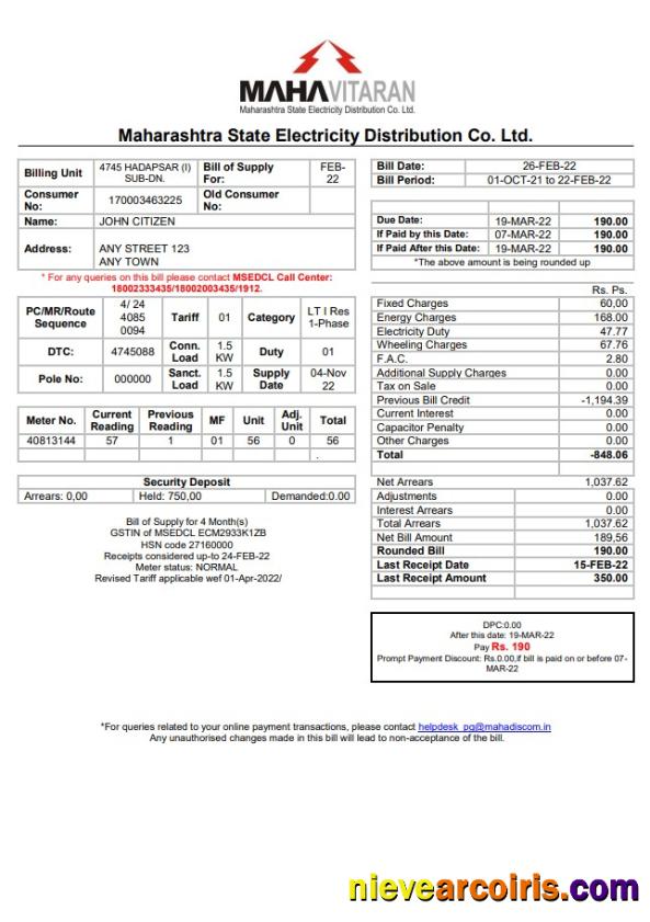 India Mahavitaran Co Ltd Utility Bill Preview