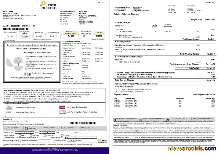 Professional India Tata Indicom Mobile Utility Bill Template In Word And PDF Format, 2 Pages