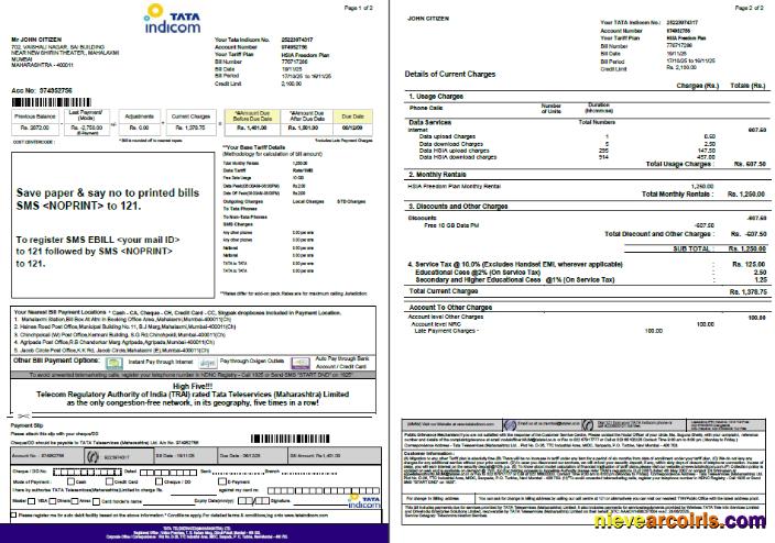 Professional India Tata Indicom Utility Bill Template In Word And PDF Formats, 2 Pages