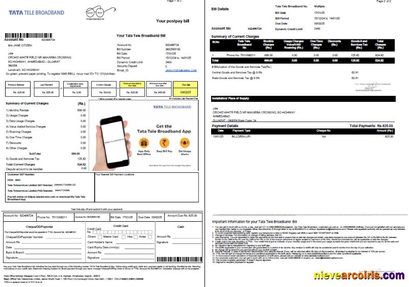 Premium India Tata Tele Broadband Utility Bill Template In Word And PDF Formats, 2 Pages