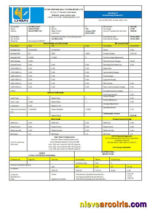 India Uttar Haryana Bijli Vitran Nigam Limited Electrecity Utility Bill Word And PDF Formats Preview