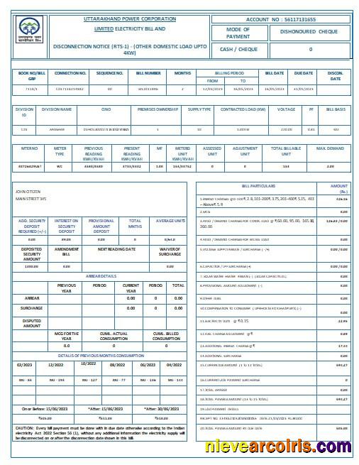 India Uttarakhand Power Corporation Electricity Utility Bill Word And PDF Formats Photolook