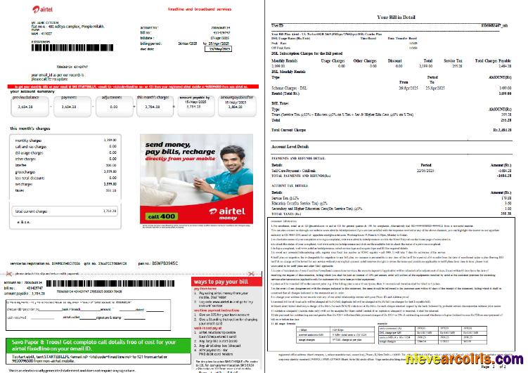 Premium India Airtel Utility Bill Template In Word And PDF Formats, 2 Pages, Version 2