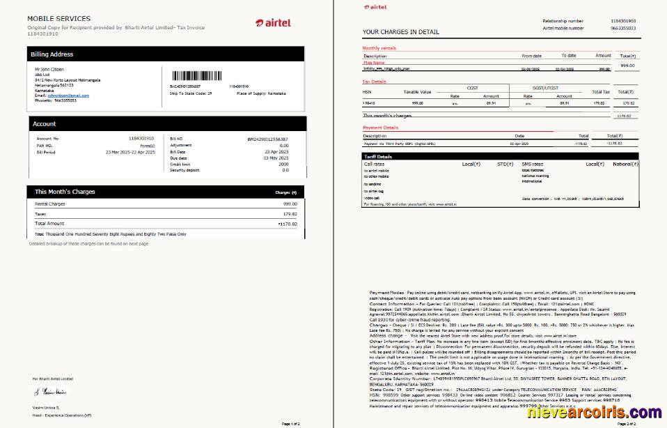 Realistic India Airtel Utility Bill Template In Word And PDF Formats, 2 Pages, Version 3
