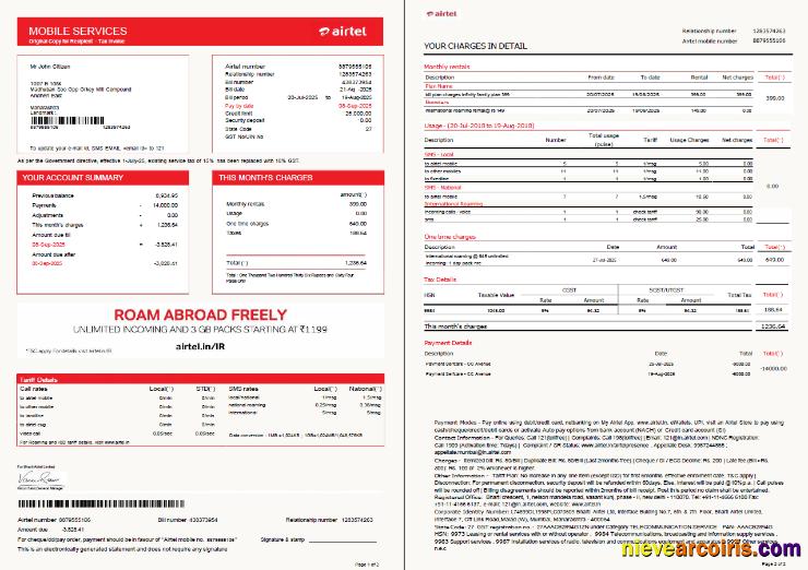 Realistic India Airtel Utility Bill Template In Word And PDF Formats, 2 Pages