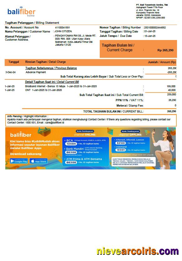 Editable Indonesia Balifiber Utility Bill Template In Word And PDF Formats