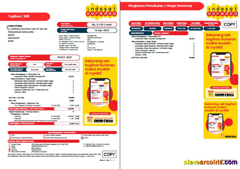 Realistic Indonesia Indosat Ooredoo Utility Bill Template In Word And PDF Formats, 2 Pages
