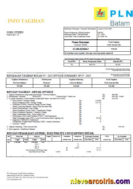 Realistic Indonesia PLN Batam Utility Bill Template In Word And PDF Formats