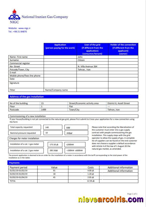 Iran National Iranian Gas Company Gas Utility Bill Preview
