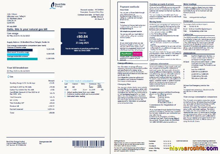 Realistic Ireland Bord Gáis Energy Utility Bill Template In Word And PDF Formats, 2 Pages, Version 2