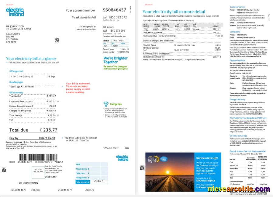 Premium Ireland Electric Ireland Utility Bill Template In Word And PDF Format, Version 2, 2 Pages
