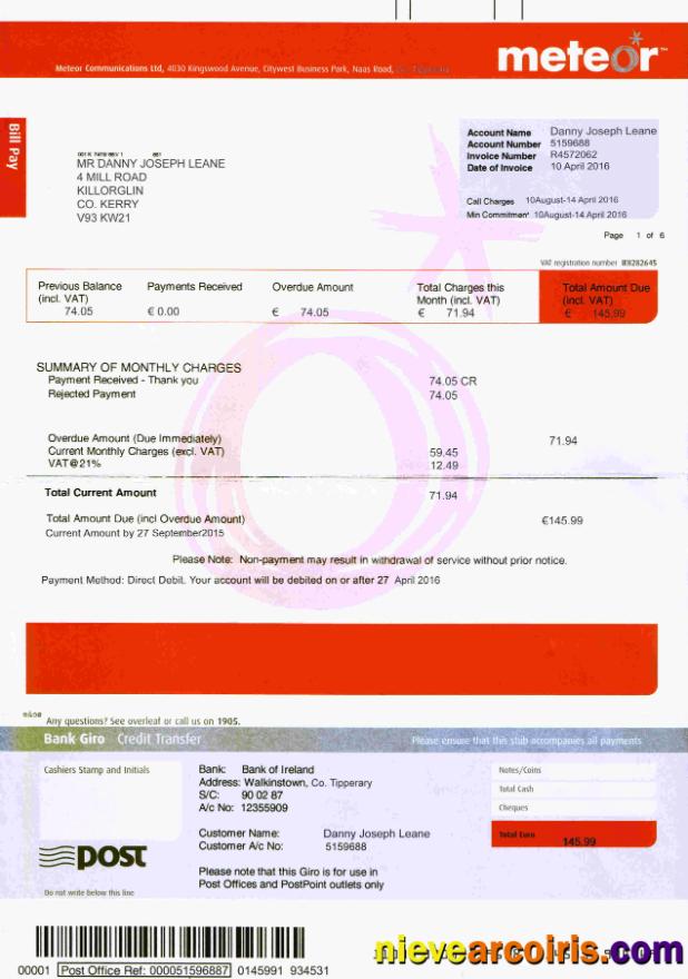 Realistic Ireland Meteor Utility Bill Template Fully Editable In PSD Format