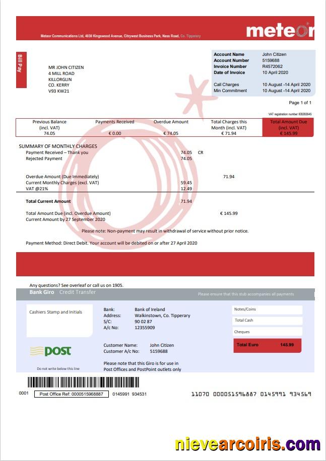Editable Ireland Meteor Utility Bill Template In Word And PDF Format