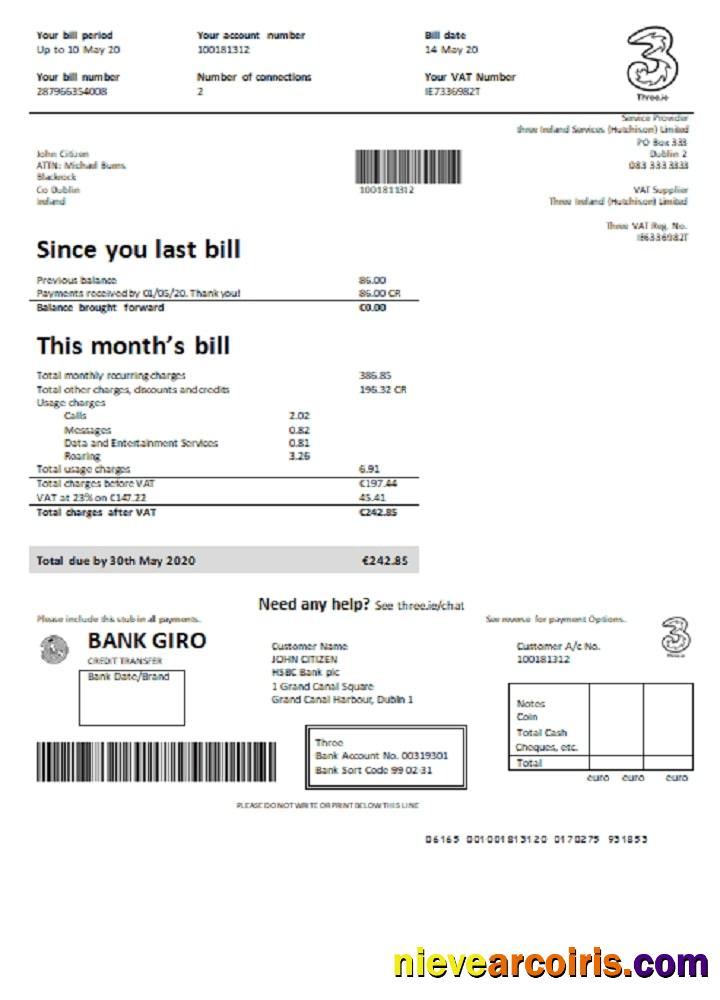 Ireland Three.ie Utility Bill Preview