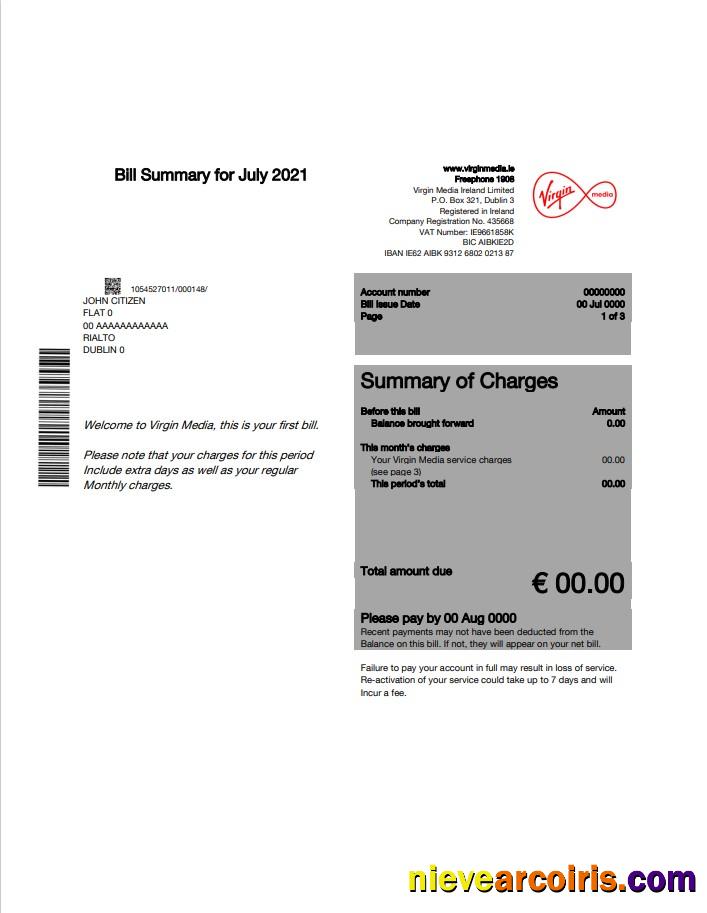 Realistic Ireland Virgin Media Utility Bill Template Editable In Word And PDF, Version 1