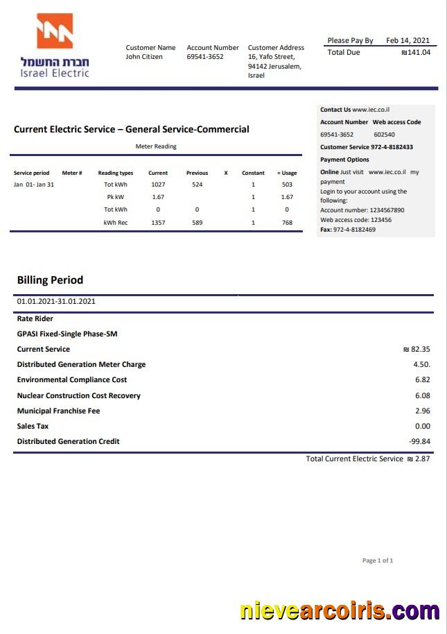 Editable Israel Electric Corporation Utility Bill Template In Word And PDF Format (.doc And .pdf)