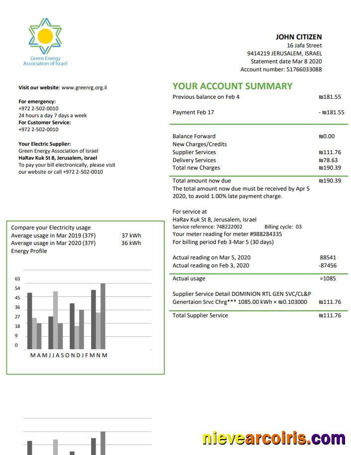 Editable Israel Green Energy Association Of Israel Utility Bill Template In Word And PDF Format (doc)