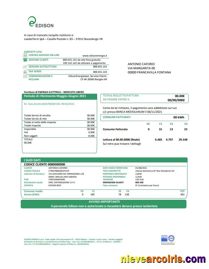 Realistic Italy Edison Utility Bill Template In Word And PDF Format, Good For Address Prove