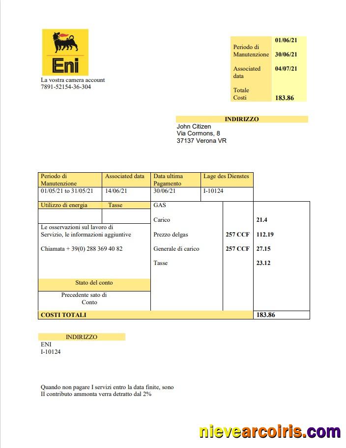 Editable Italy Gas Utility Bill Template In .doc And .pdf Format, Fully Editable