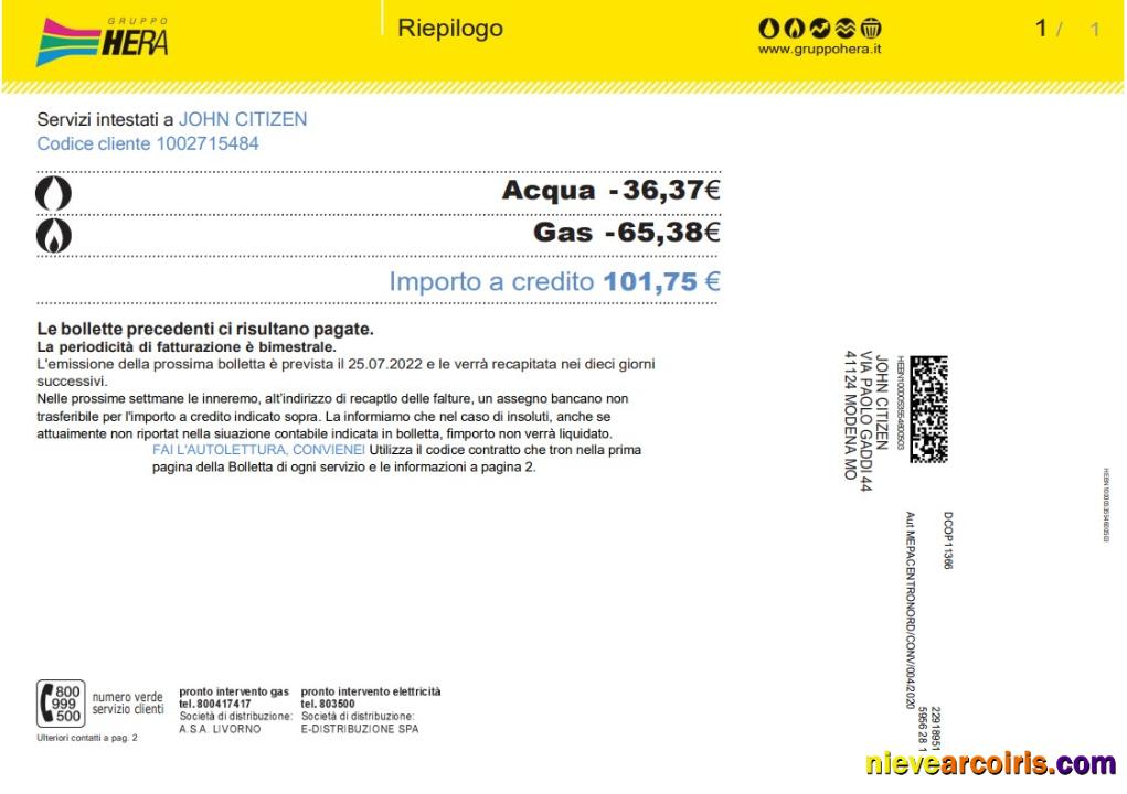 Professional Italy Gruppo Hera Utility Bill, Word And PDF Template