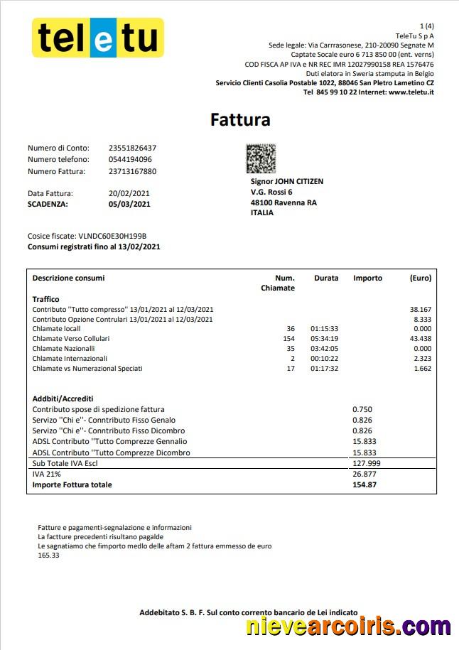Realistic Italy TeleTu Utility Bill Template In Word And PDF Format