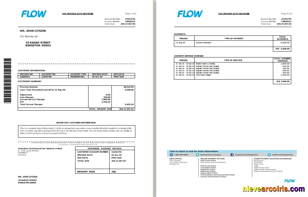 Professional Jamaica Flow Tax Invoice Cable And Internet Bill Word And PDF Template, 2 Pages SCR