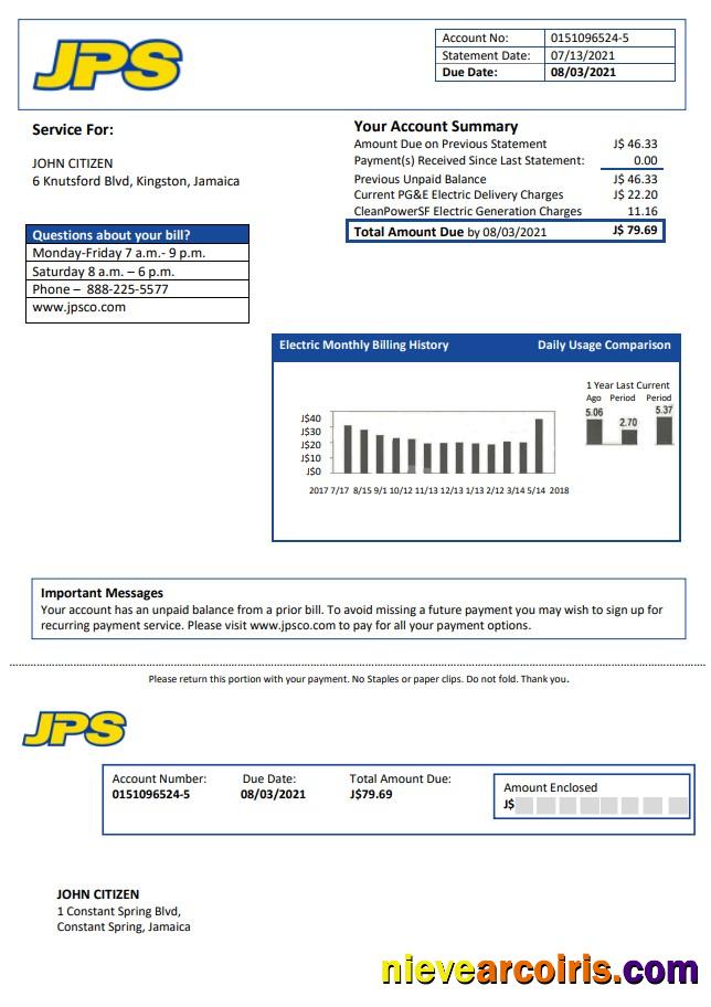 Professional Jamaica Public Service (JPS) Electricity Utility Bill Template In Word And PDF Format